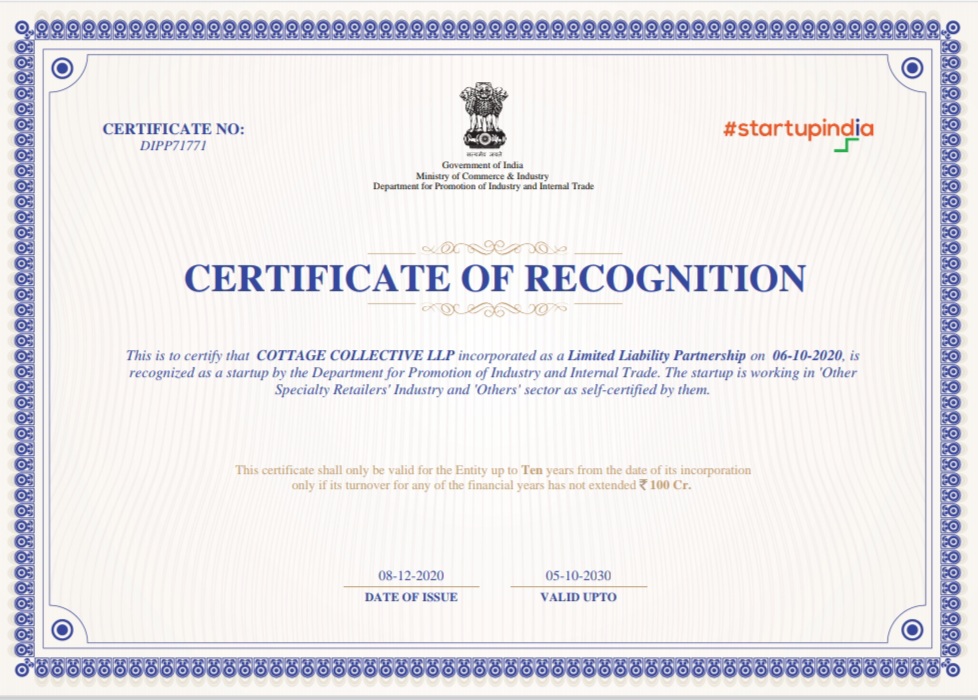 Certificate of Recognition Startup India